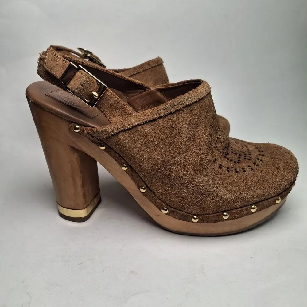 Tory Burch Brayden Slingback Clog 8M Brown Gold Wood Heel Studded Summer Party